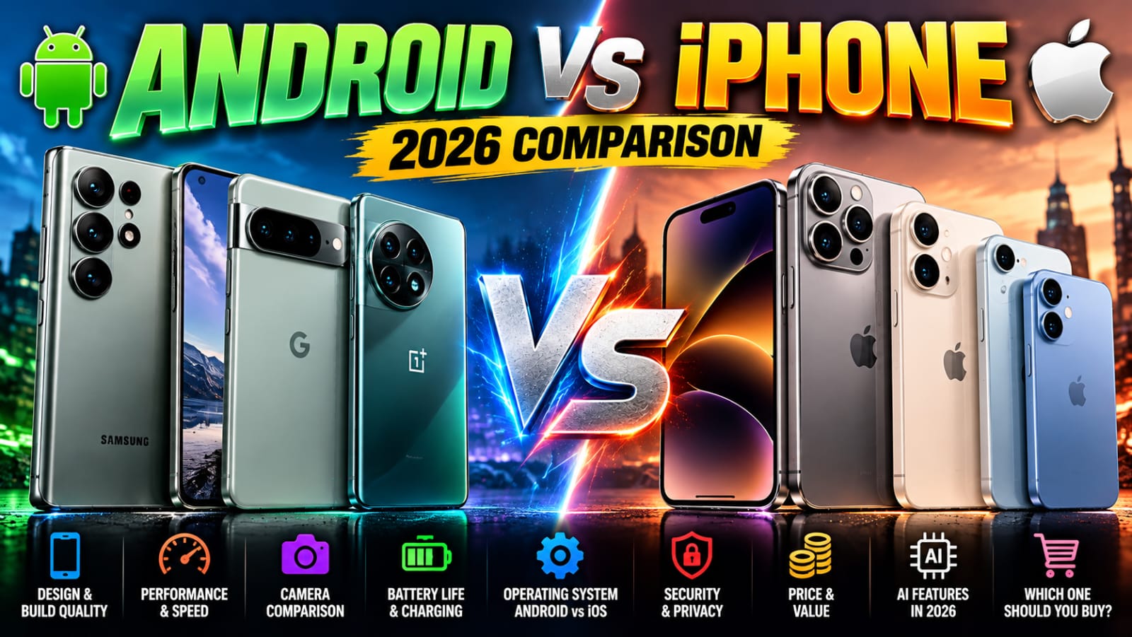 Android vs iPhone in 2026 smartphone comparison featuring design, performance, camera, battery life, security, price, and AI features